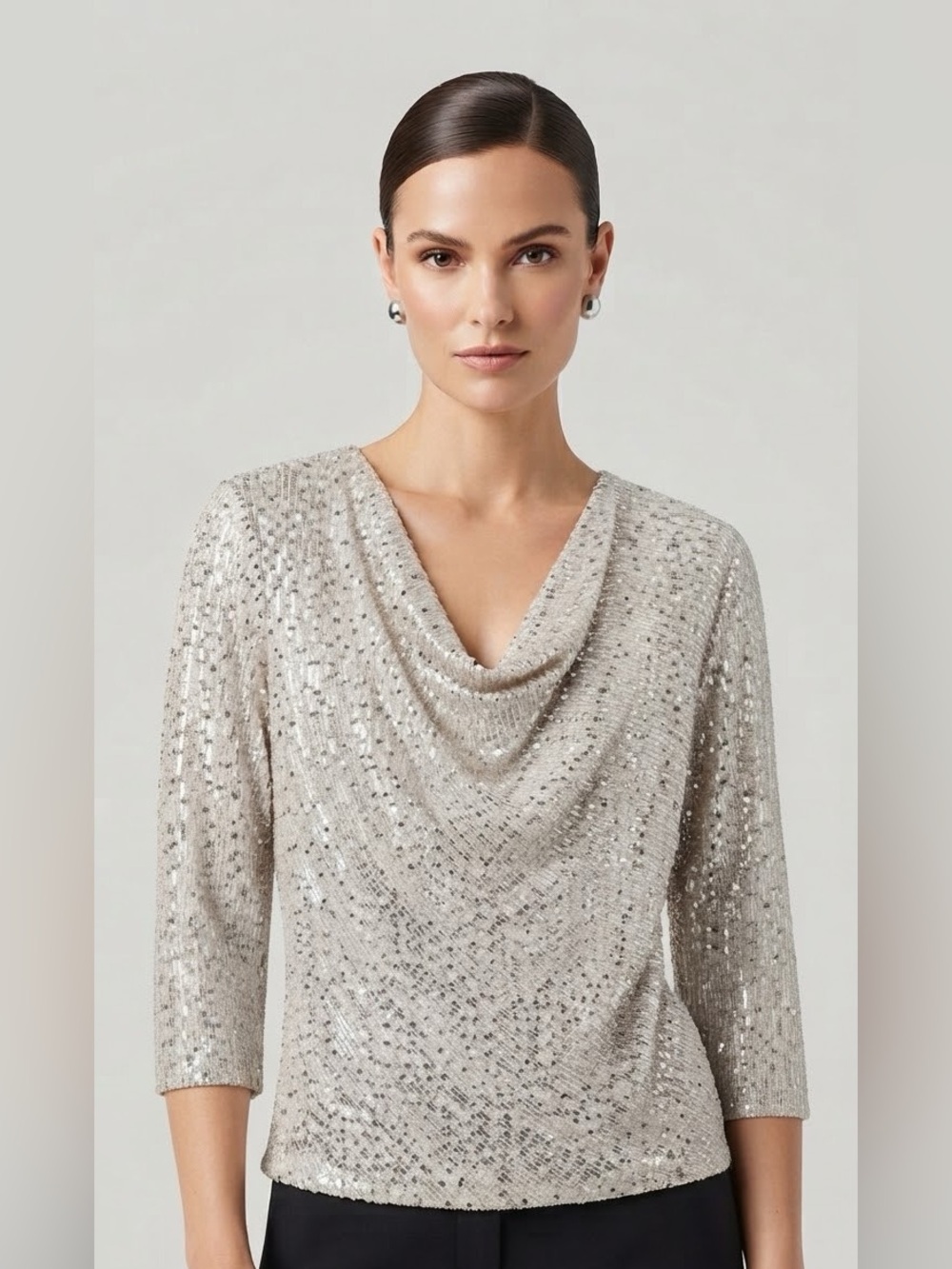 CeCe Silver Sequin Cowl Neck Long Sleeve Stretch Top Size L